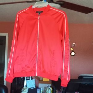 Juniors size Large red shiny soft zip up jacket, tiger on back. Forever 21.